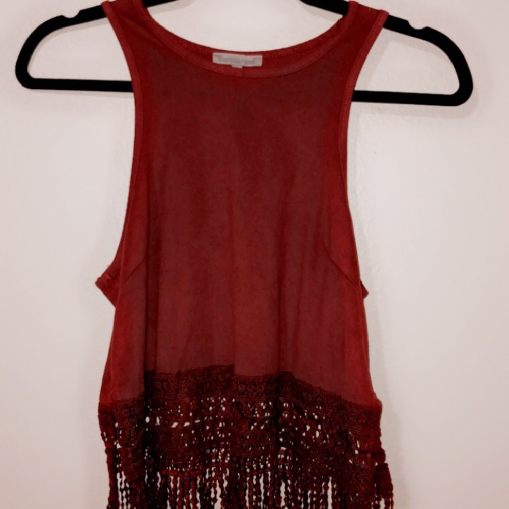 Maroon halter tank top with fringed bottom
